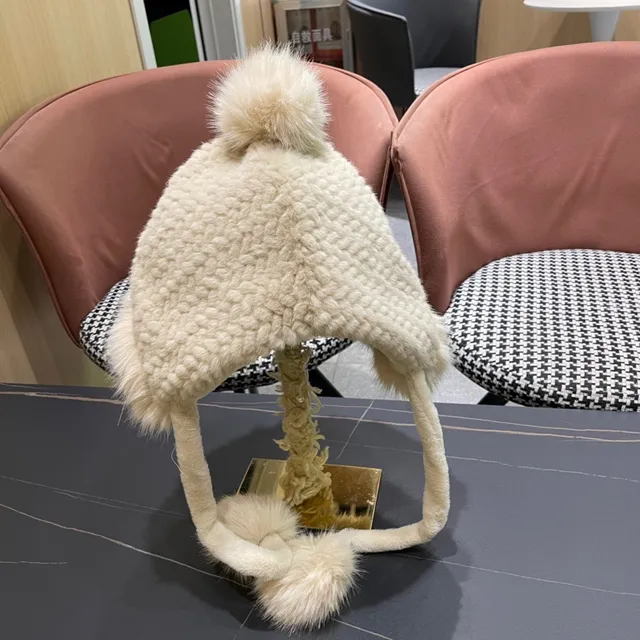 Dior Black Beige Knitted Faux Fur Trim Beanie 4
