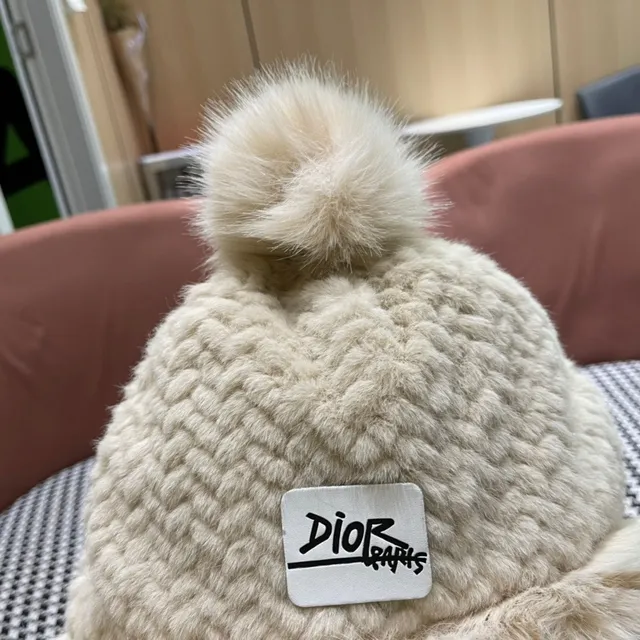 Dior Black Beige Knitted Faux Fur Trim Beanie 5