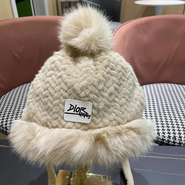 Dior Black Beige Knitted Faux Fur Trim Beanie 6