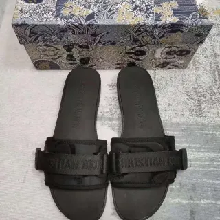 Dior Black Double-Strap Slide Embossed Branding Slippers