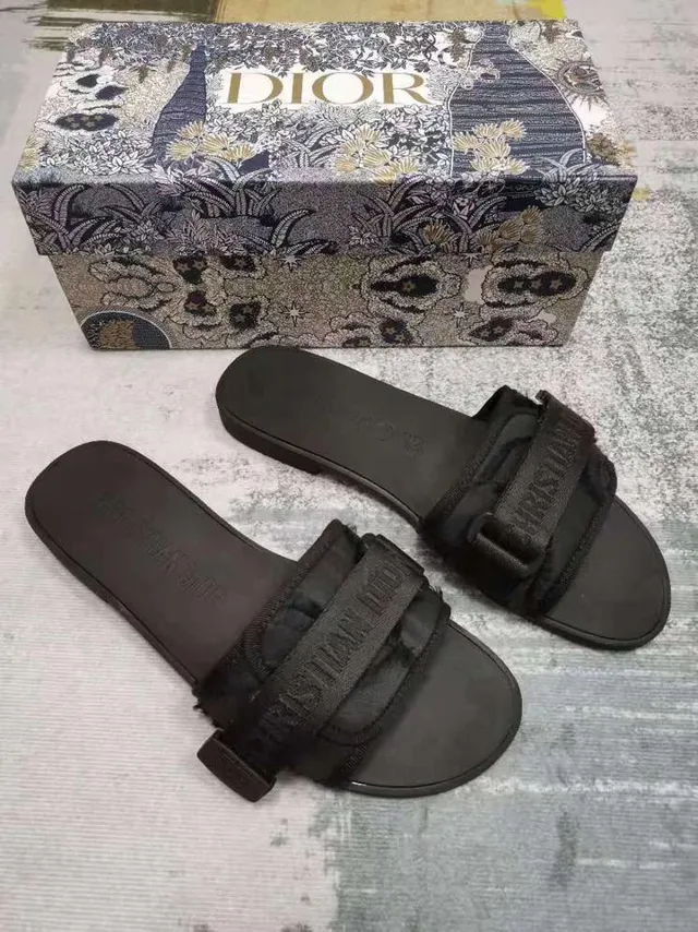 Dior Black Double-Strap Slide Embossed Branding Slippers 2