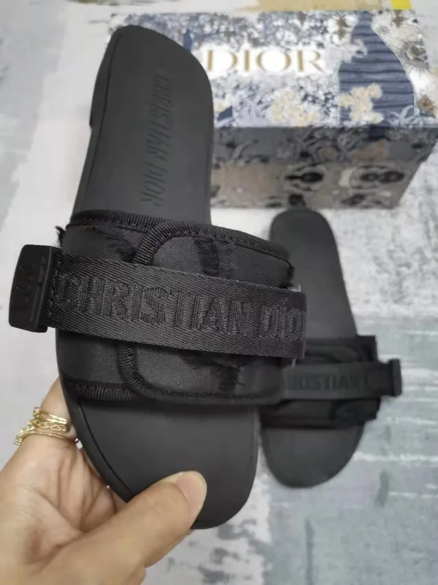 Dior Black Double-Strap Slide Embossed Branding Slippers 3