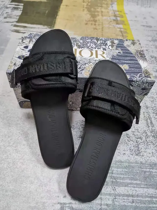 Dior Black Double-Strap Slide Embossed Branding Slippers 4