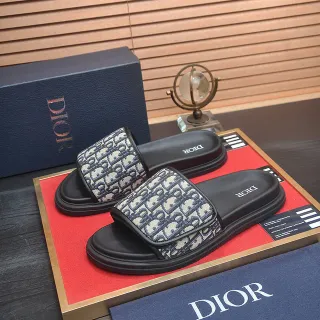 Dior Black Navy Oblique Jacquard Strap Molded Rubber Sole Slippers