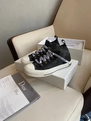 Dior Black White High-Top Glitter Knit Upper Lifestyle Sneakers 8