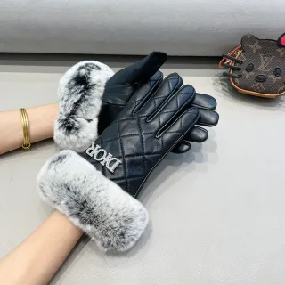 Dior Black White Quilted Diamond-Stitch Faux Fur Cuff Leather Gloves