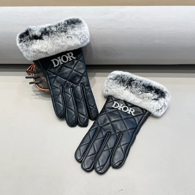 Dior Black White Quilted Diamond-Stitch Faux Fur Cuff Leather Gloves 7
