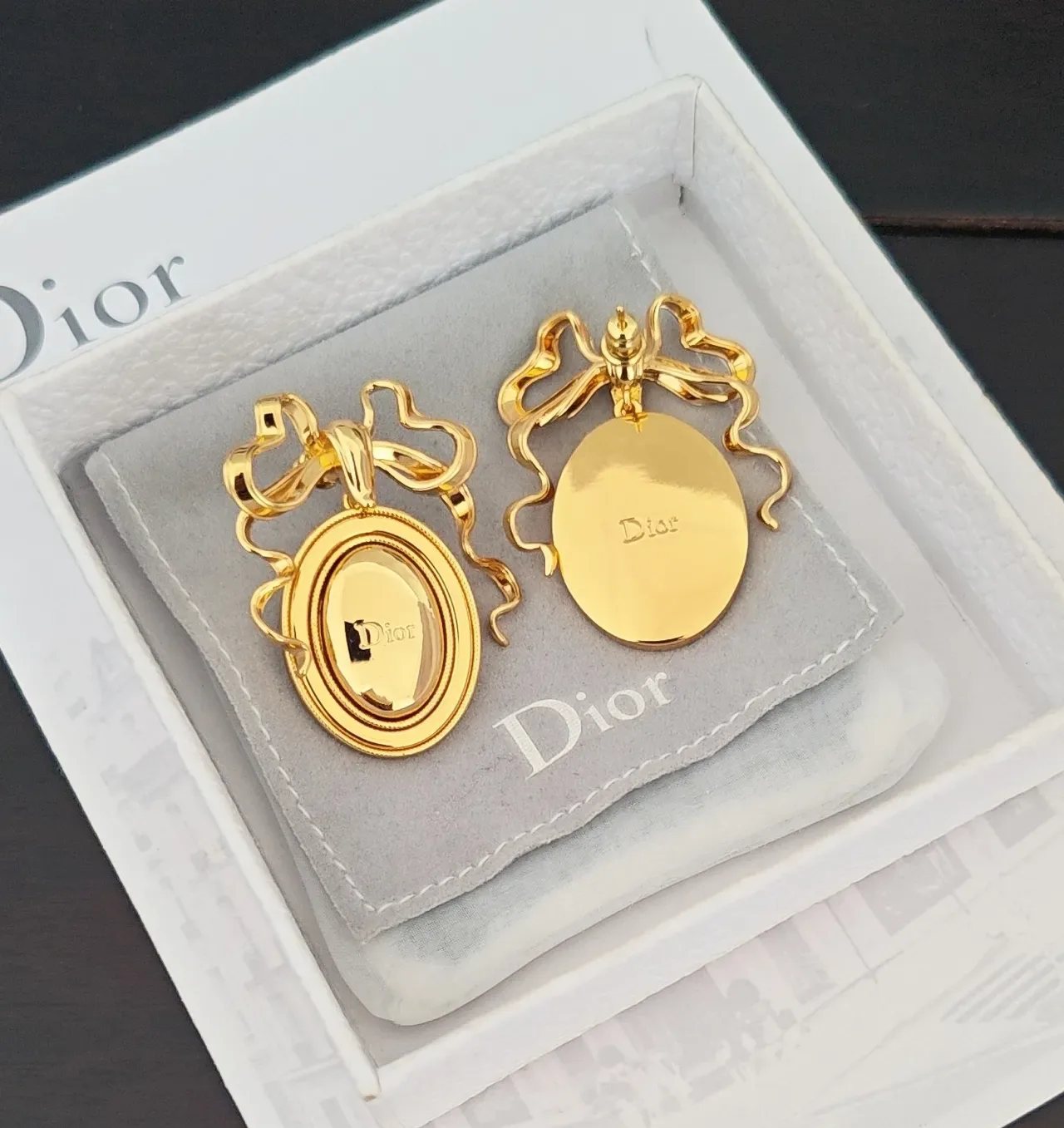 Dior Bow-Top Oval Engraved Logo Gold-Tone Earrings 2
