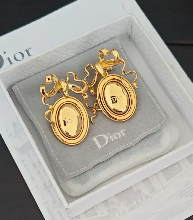 Dior Bow-Top Oval Engraved Logo Gold-Tone Earrings 3