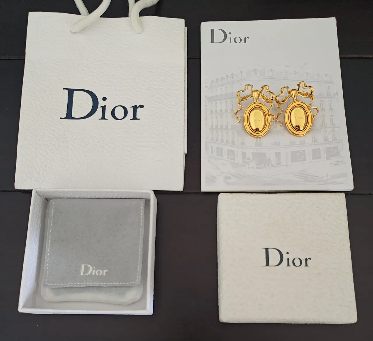 Dior Bow-Top Oval Engraved Logo Gold-Tone Earrings 4