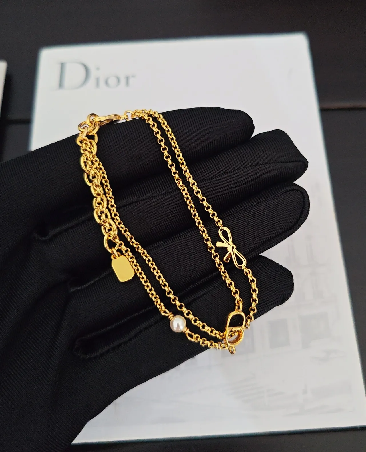 Dior Double-Chain Pearl and CD Logo Bracelet 3