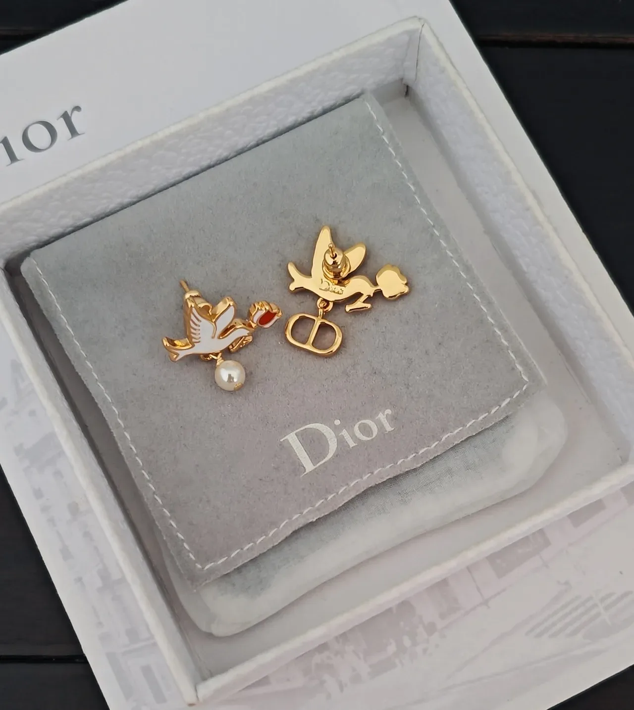 Dior Dove and Rose Asymmetrical Enamel Earrings 2