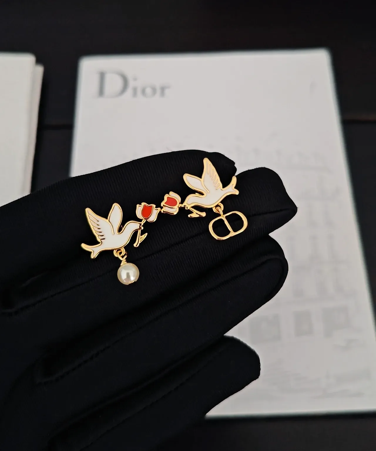 Dior Dove and Rose Asymmetrical Enamel Earrings 4