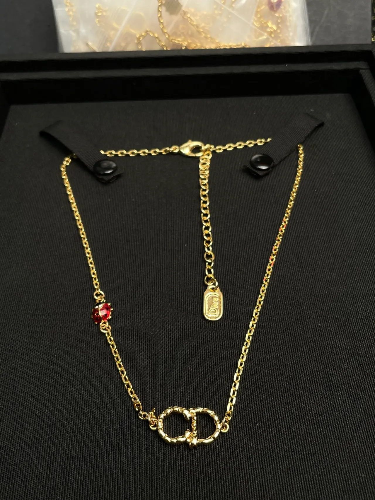 Dior Gold Red Chain Interlocking CD Motif Necklace 4