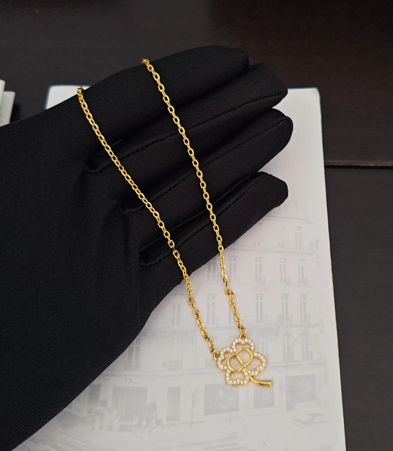 Dior Gold Silver Chain Pave-Set Clover Pendant Necklace 4