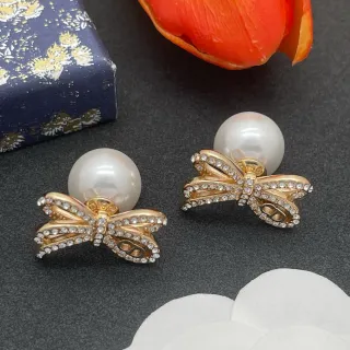 Dior Gold White Bow-Shaped Pearl-Back Earrings