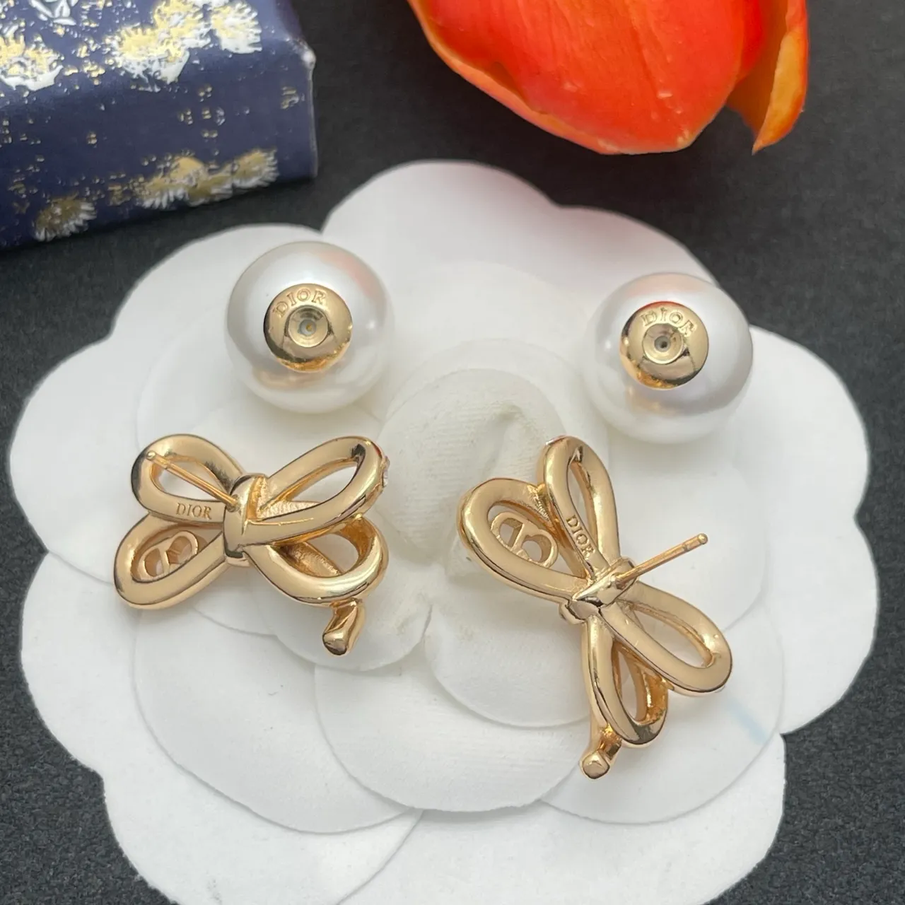 Dior Gold White Bow-Shaped Pearl-Back Earrings 3