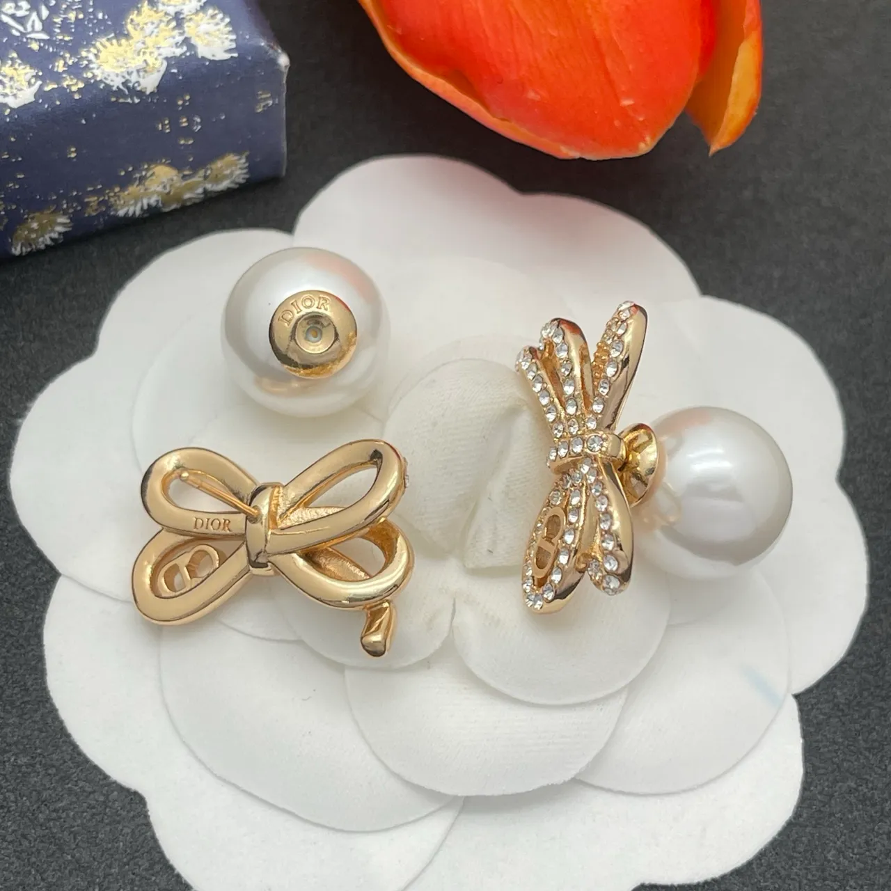 Dior Gold White Bow-Shaped Pearl-Back Earrings 4
