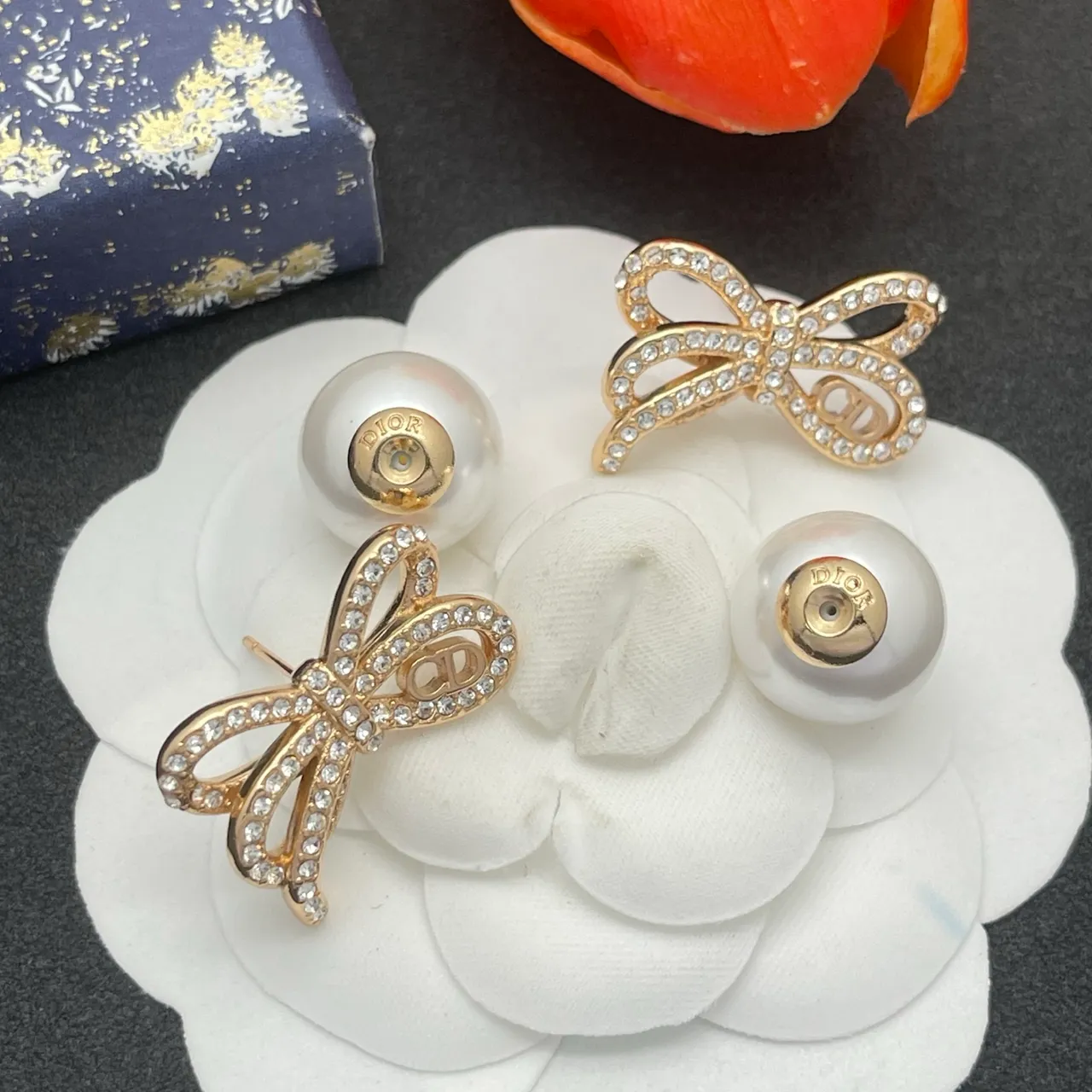 Dior Gold White Bow-Shaped Pearl-Back Earrings 5