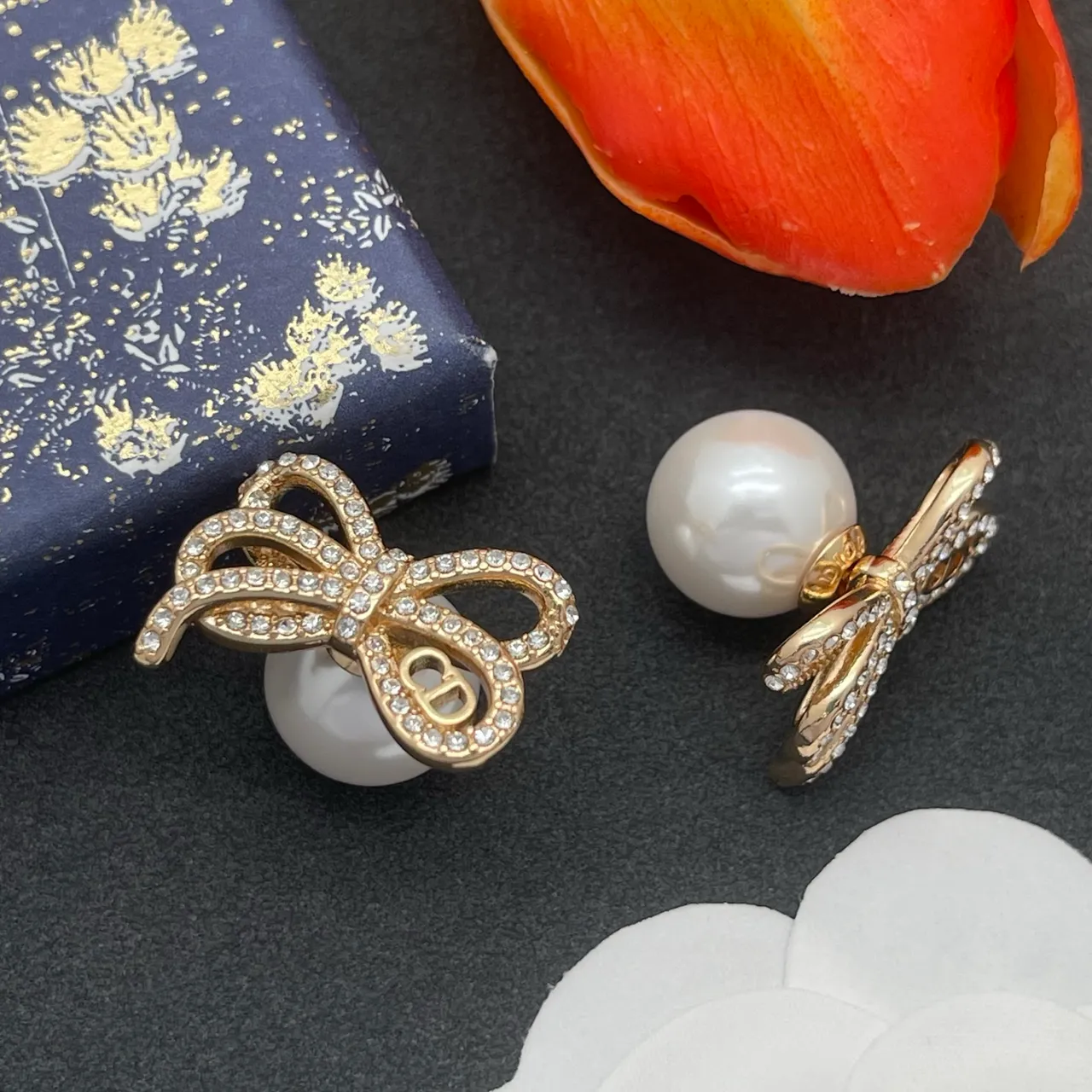 Dior Gold White Bow-Shaped Pearl-Back Earrings 6