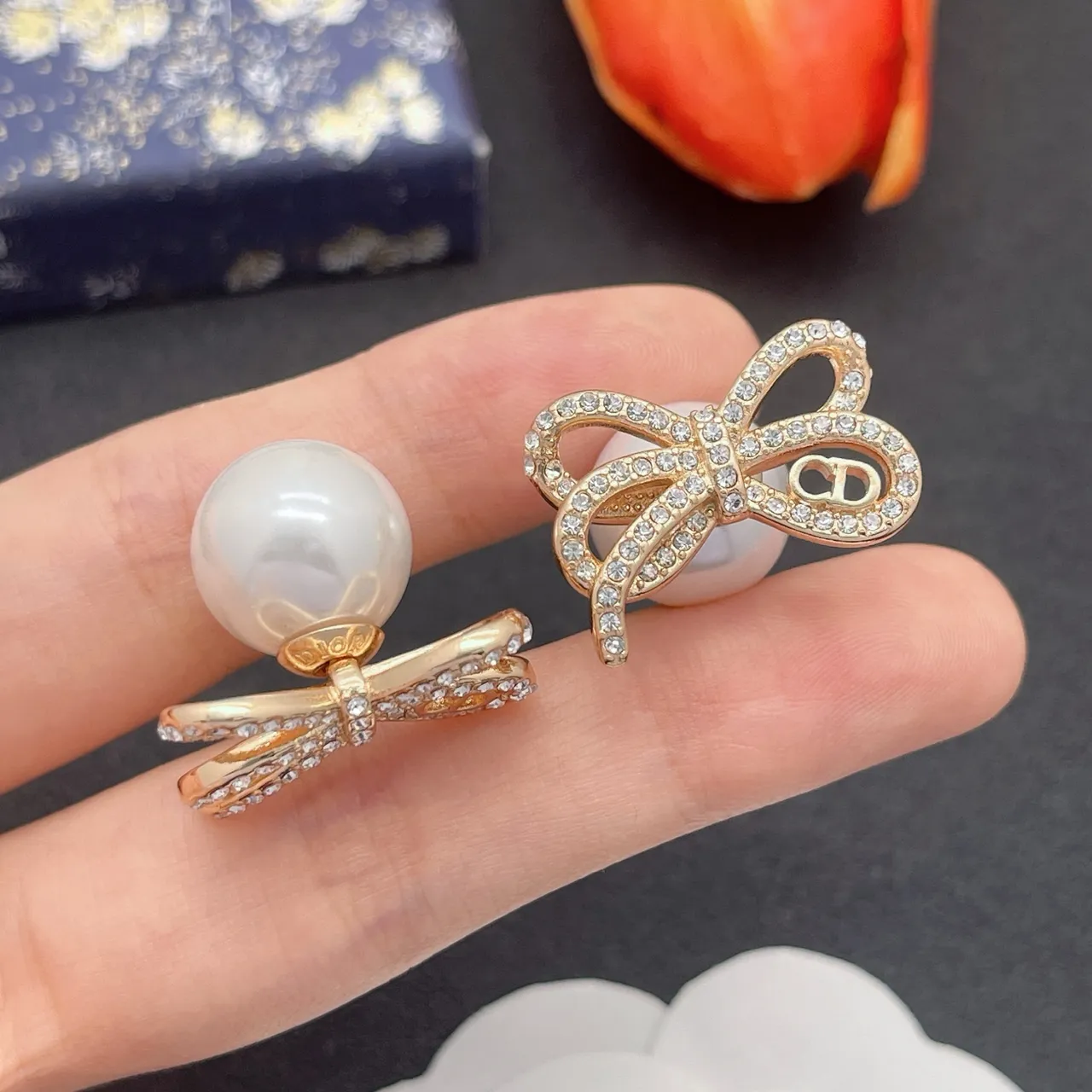 Dior Gold White Bow-Shaped Pearl-Back Earrings 8