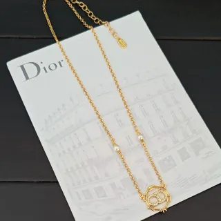 Dior Gold White Curb Chain Pearl Accents Necklace