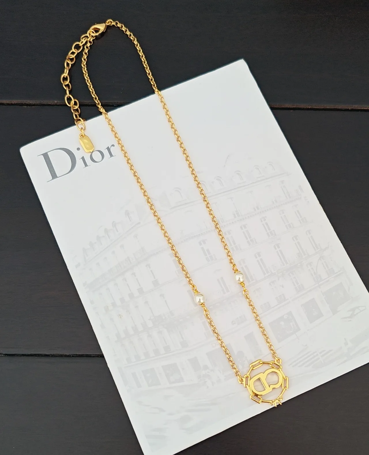 Dior Gold White Curb Chain Pearl Accents Necklace 2