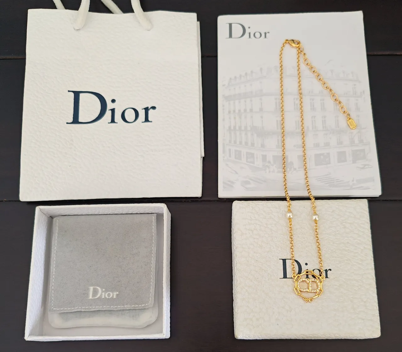 Dior Gold White Curb Chain Pearl Accents Necklace 3