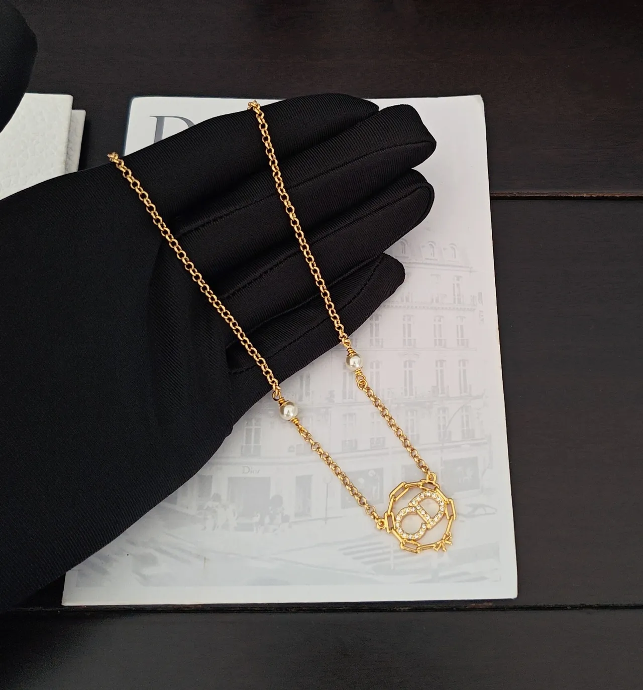 Dior Gold White Curb Chain Pearl Accents Necklace 4
