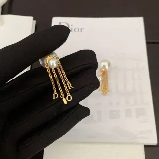 Dior Gold White Pearl Stud Chain Tassels Earrings