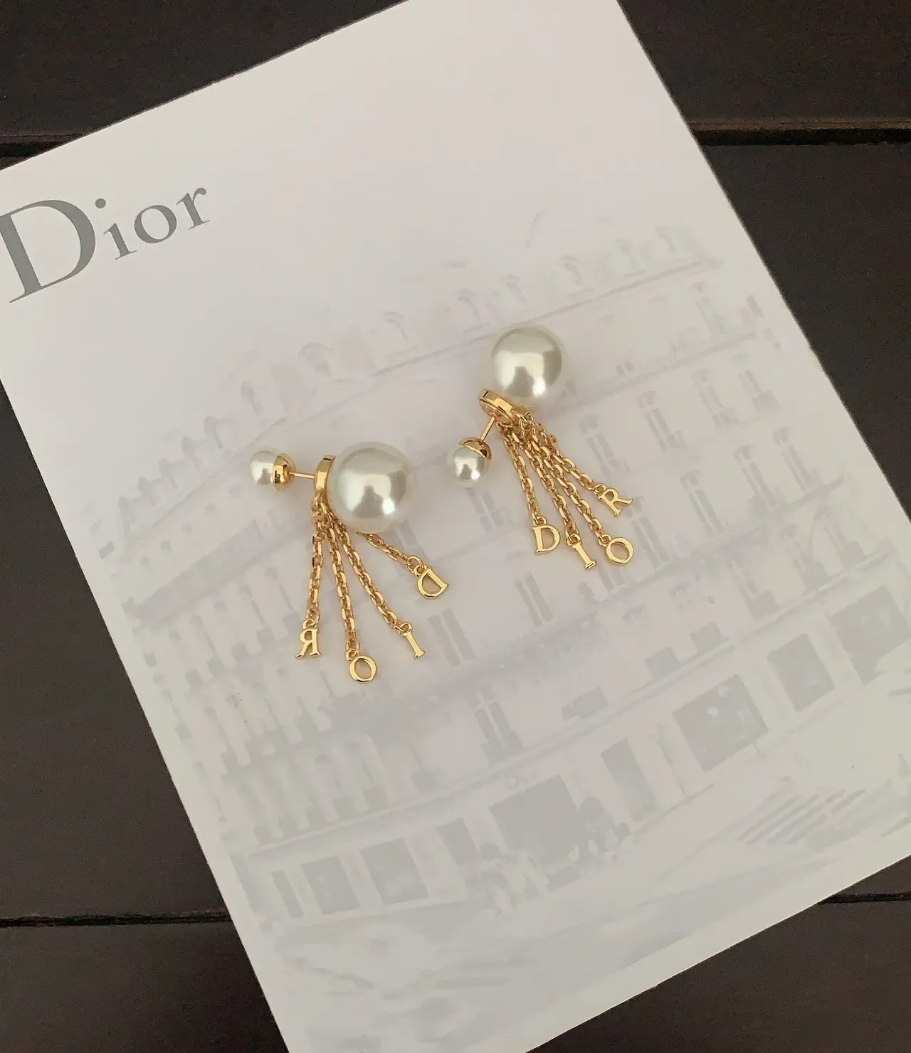 Dior Gold White Pearl Stud Chain Tassels Earrings 2