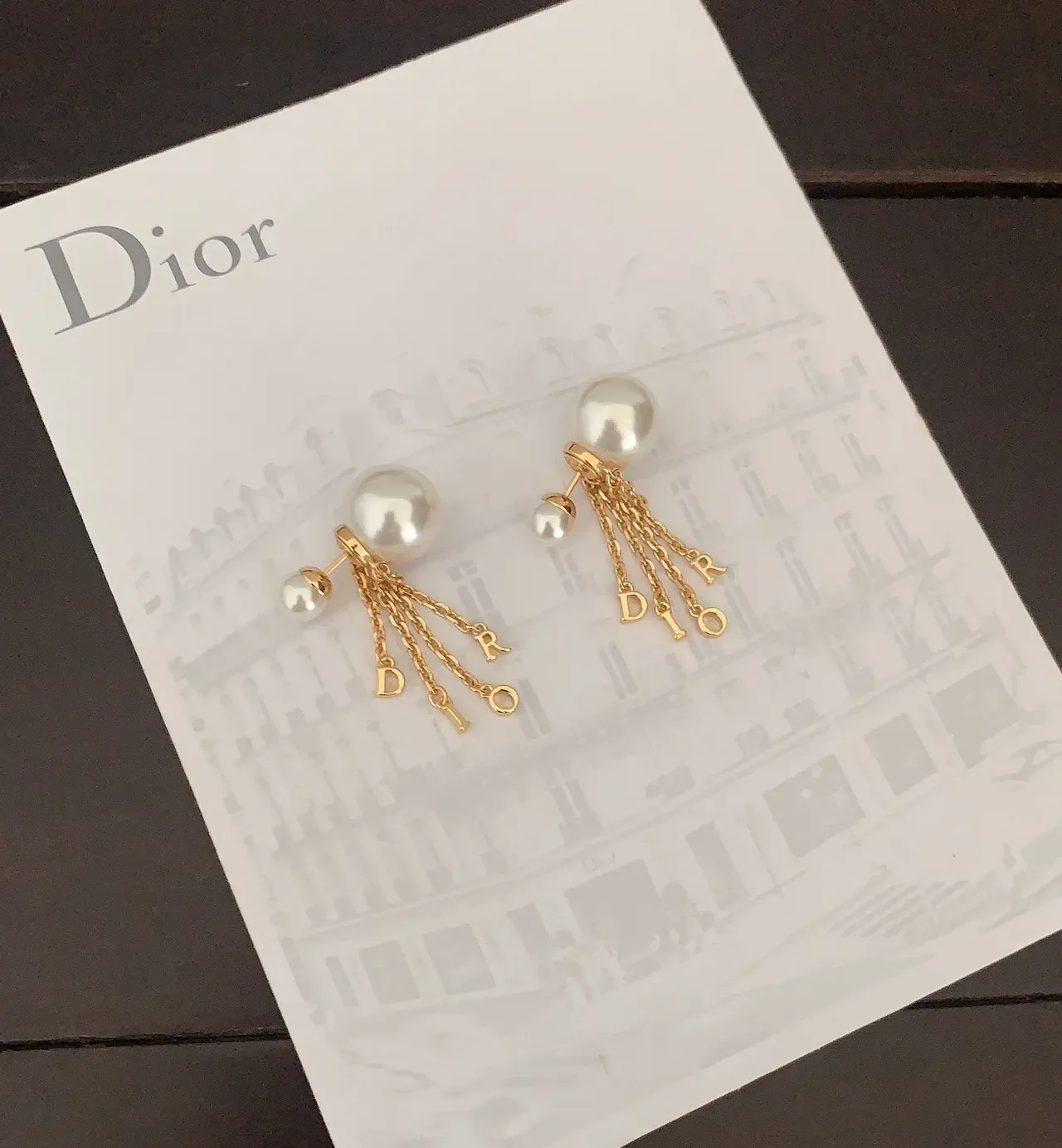 Dior Gold White Pearl Stud Chain Tassels Earrings 3