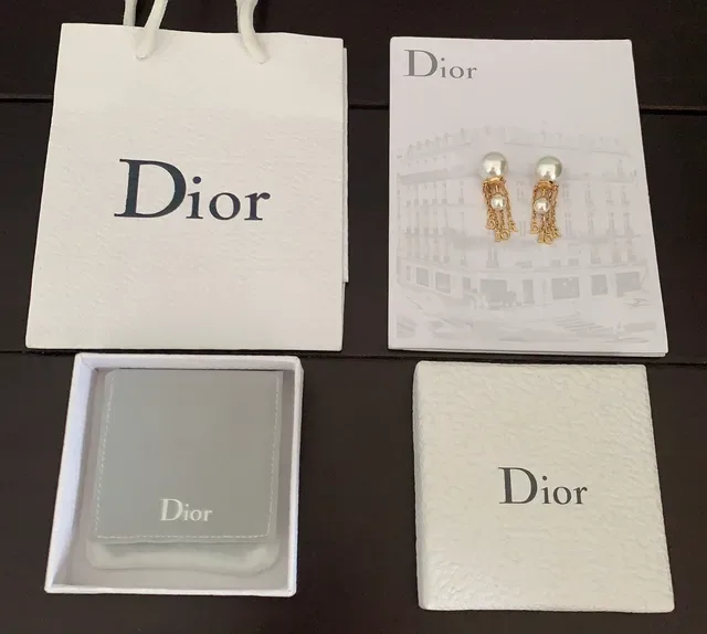 Dior Gold White Pearl Stud Chain Tassels Earrings 4