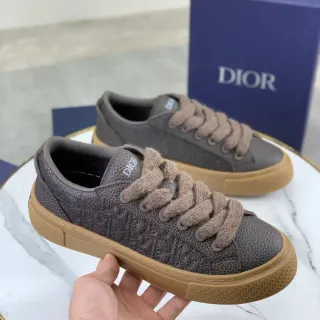 Dior Gray Beige Pebbled Leather Upper Knitted-Style Laces Lifestyle Sneakers