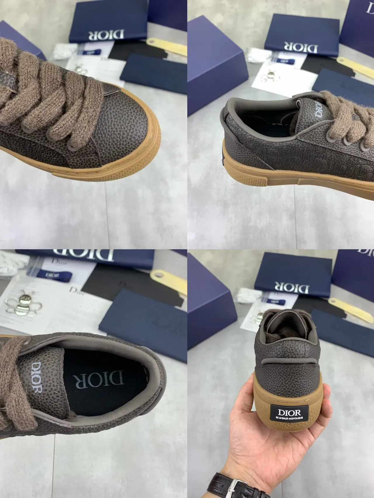 Dior Cinza Bege Couro Granulado Parte Superior Cadarços Estilo Tricotado Tênis Lifestyle 2