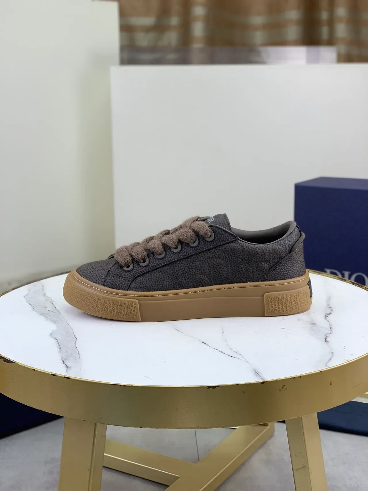 Dior Cinza Bege Couro Granulado Parte Superior Cadarços Estilo Tricotado Tênis Lifestyle 5