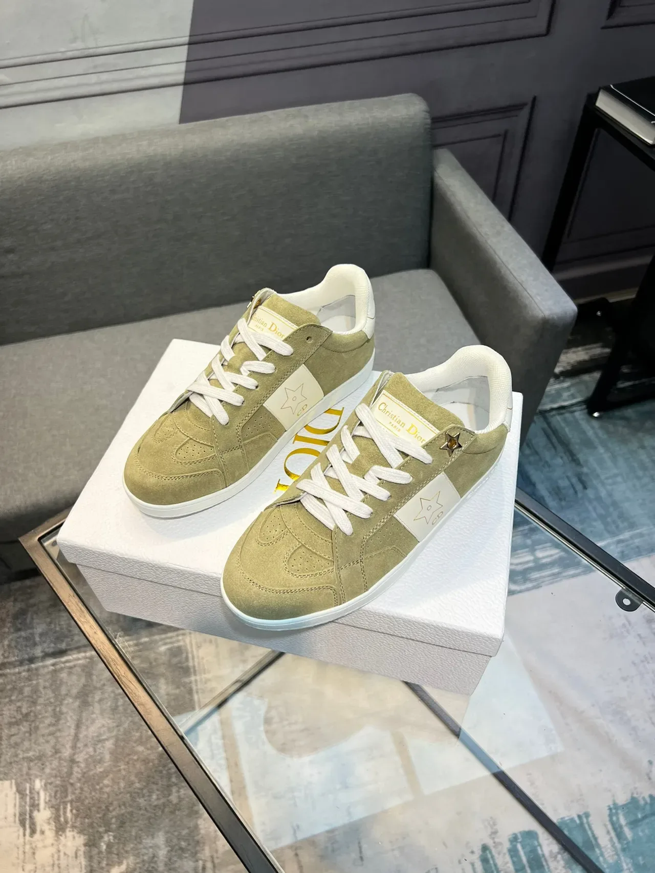 Dior Verde Branco Camurça Superior Detalhe Motivo Estrela Lifestyle Sneakers 3