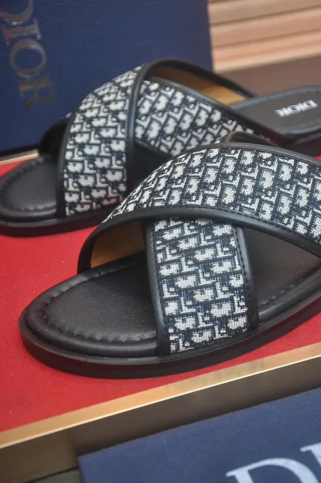 Dior J'Adior Black Beige Cross-Strap Oblique Monogram Slippers 3