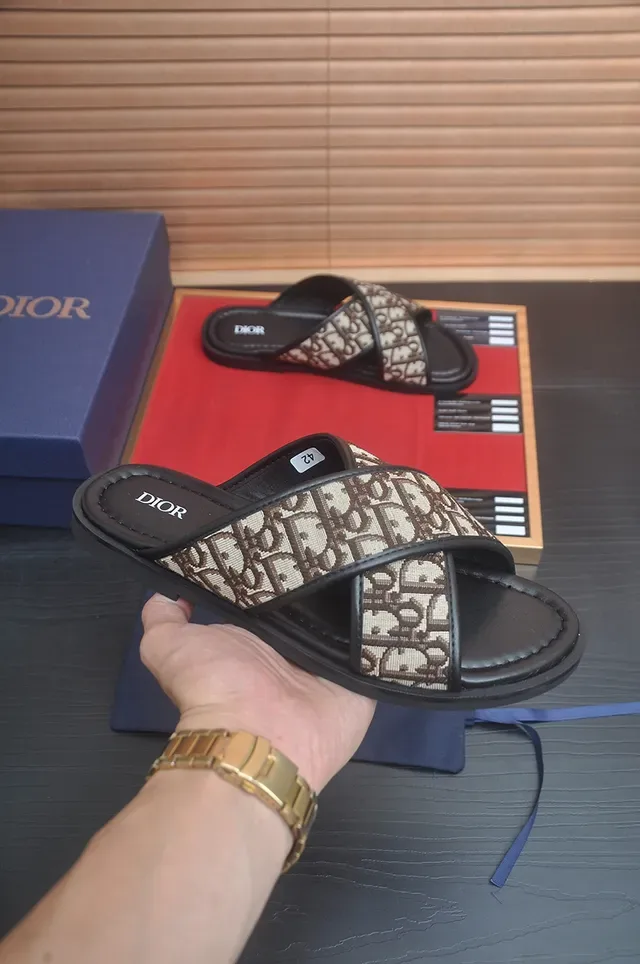 Dior J'Adior Black Beige Cross-Strap Oblique Monogram Slippers 5