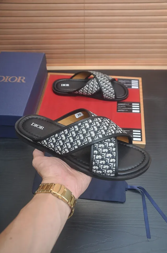 Dior J'Adior Black Beige Cross-Strap Oblique Monogram Slippers 7
