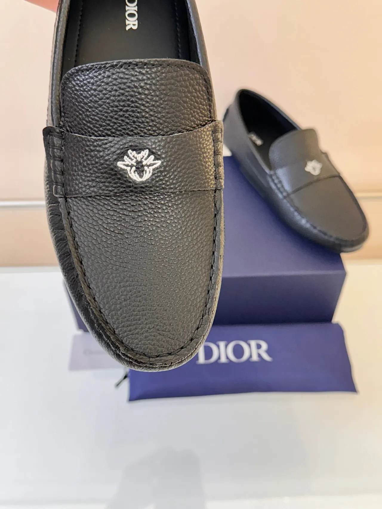 Dior লোফার কালো ধূসর দানা চামড়া Moc-Toe লোফার 3