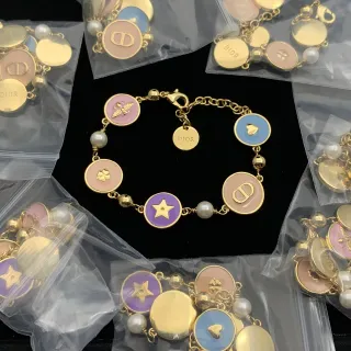 Dior Multicolor Gold Chain Enamel Disc Charms Bracelet