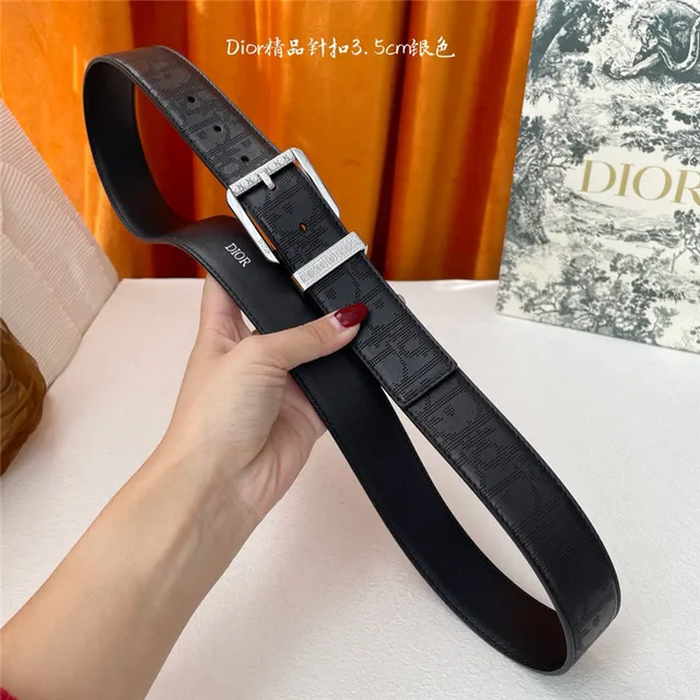 Dior Oblique Noir Brun Monogramme embossé 3.5cm Boucle à épingle Ceinture en Cuir 2