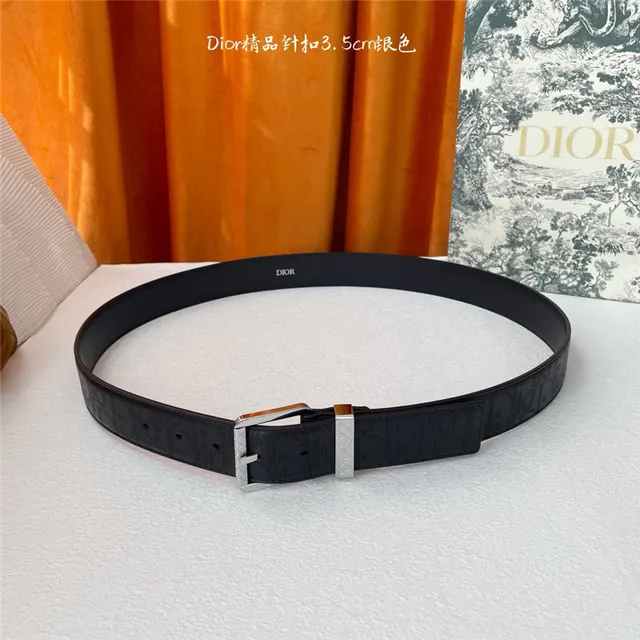 Dior Oblique Noir Brun Monogramme embossé 3.5cm Boucle à épingle Ceinture en Cuir 3