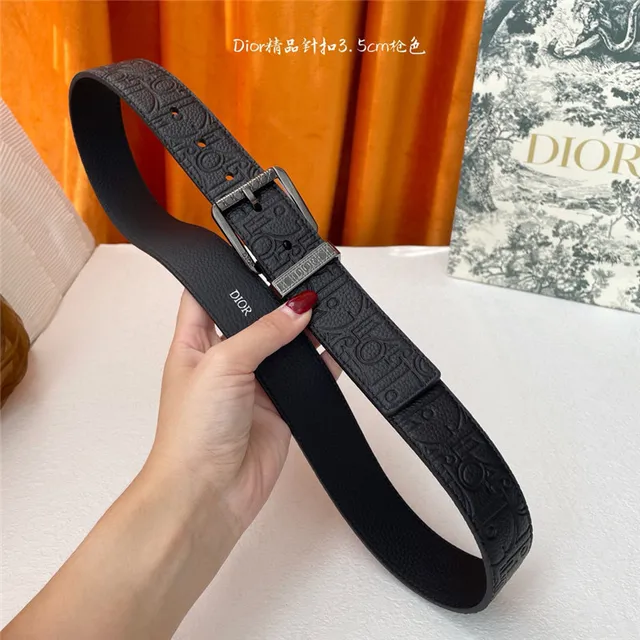 Dior Oblique Noir Brun Monogramme embossé 3.5cm Boucle à épingle Ceinture en Cuir 8