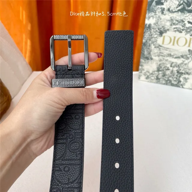 Dior Oblique Noir Brun Monogramme embossé 3.5cm Boucle à épingle Ceinture en Cuir 10