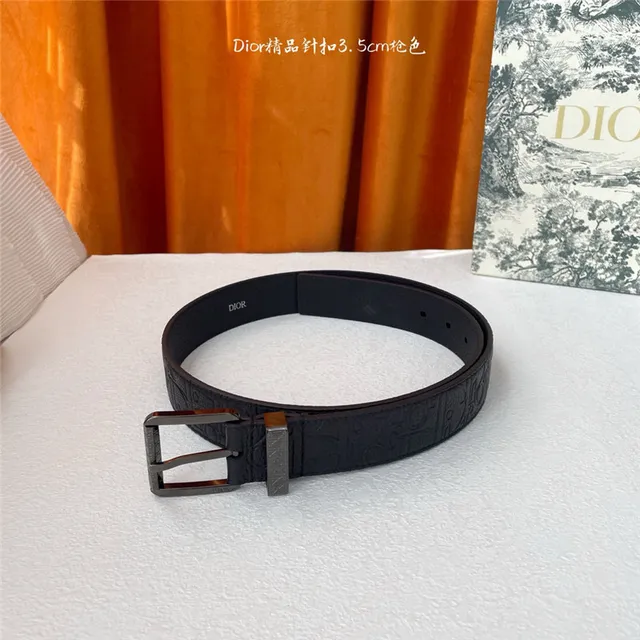 Dior Oblique Noir Brun Monogramme embossé 3.5cm Boucle à épingle Ceinture en Cuir 12
