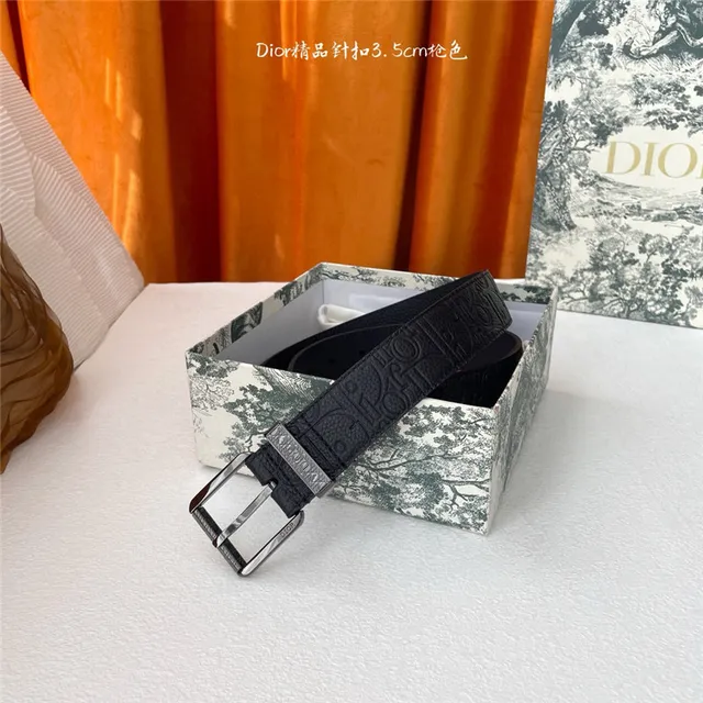 Dior Oblique Noir Brun Monogramme embossé 3.5cm Boucle à épingle Ceinture en Cuir 13