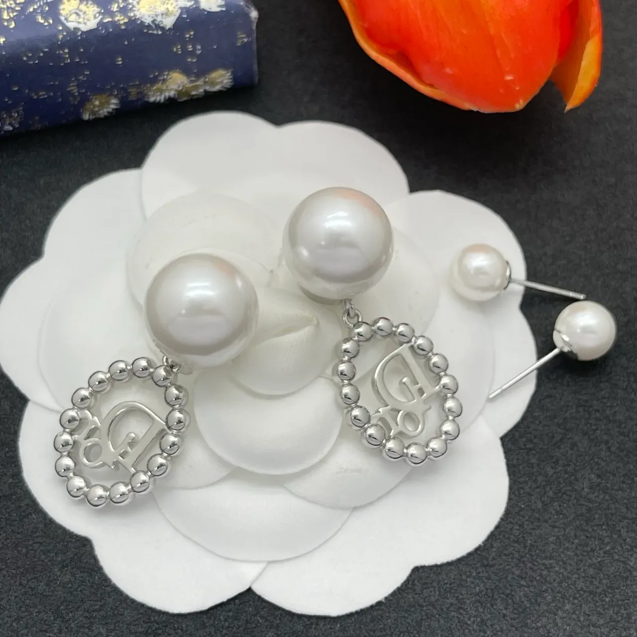 Dior Oblique Crystal and Pearl Dangling Earrings 3