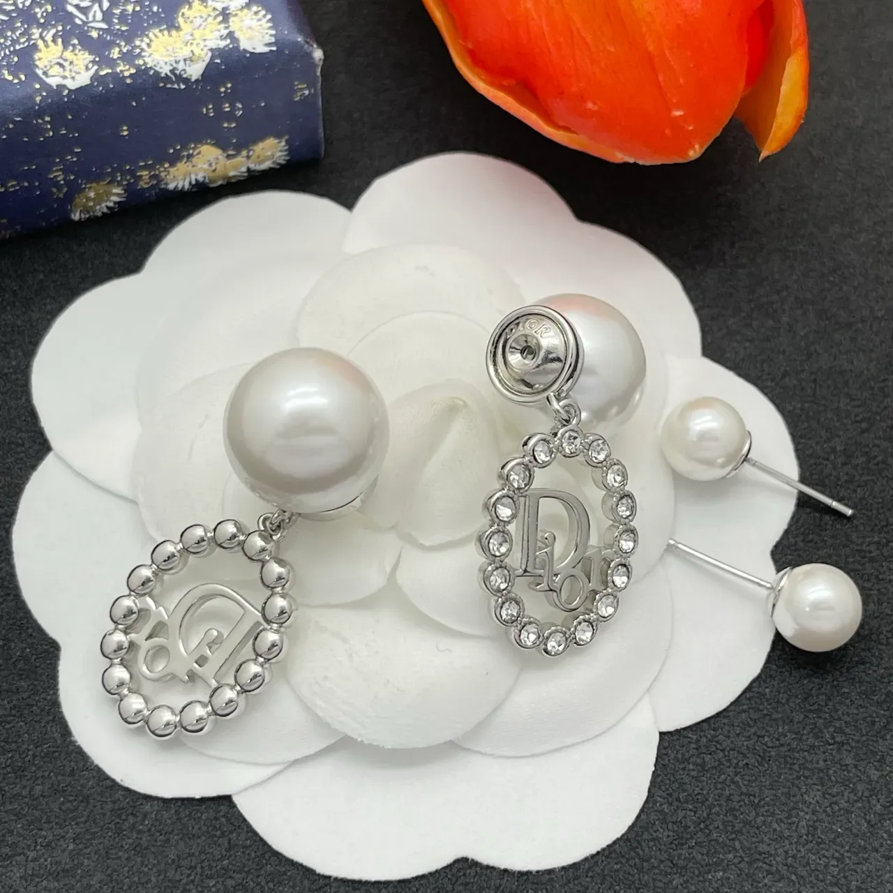 Dior Oblique Crystal and Pearl Dangling Earrings 4